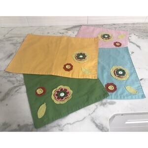 Vintage 70s Boho Colorful Embroidered Flowers Cloth Placemats Set Of 4